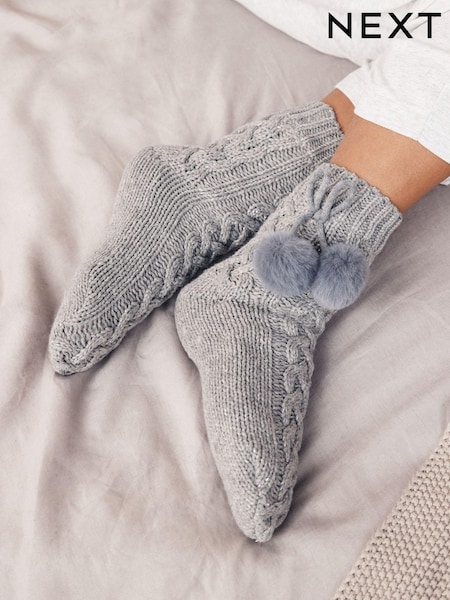 Grey Cable - 1 Paar grofgebreide pantoffelsokken (B36355) | € 10