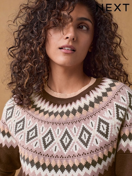 Berry Red Fairisle Pattern Compact Cosy Crew Neck Jumper With Side Split Detail (B36380) | 109 QAR