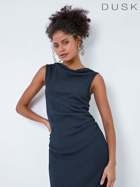 Dusk Blue Ruched Cowl Neck Midi Dress (B36491) | 104 QAR