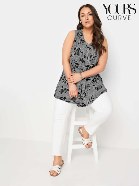 Yours Curve Black Abstract Floral Print Swing Vest Top (B36609) | €34