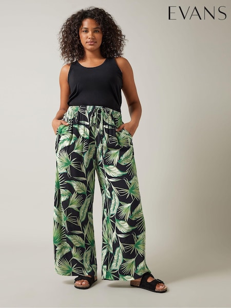 Evans Curve Green Palm Print Wide Leg Trousers (B36838) | €30