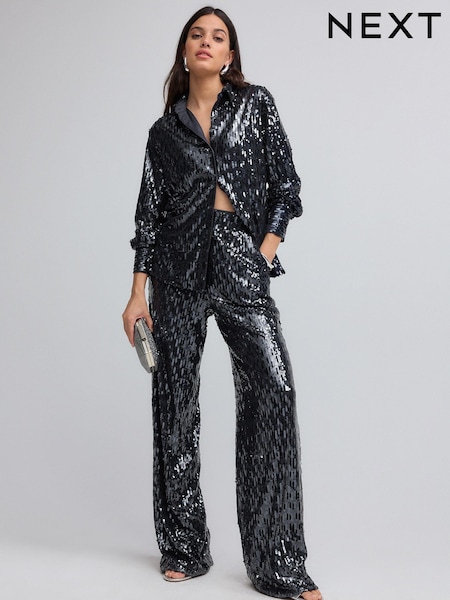 Navy Wide Leg Sequin Trousers (B36874) | 103 QAR