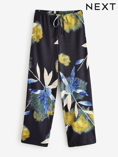 Navy Floral Print Textured Wide Leg Jersey Trousers (B36943) | AED100