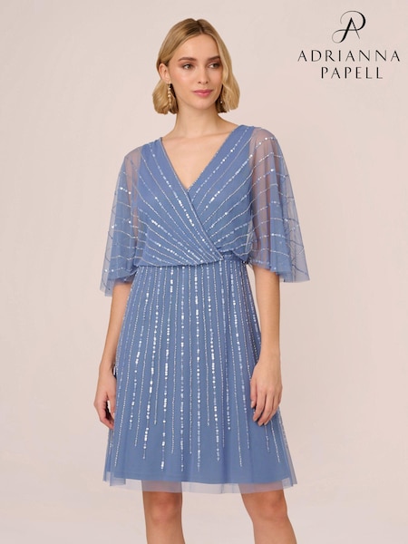 Adrianna Papell Blue Beaded Short Dress (B36969) | 533 LEI