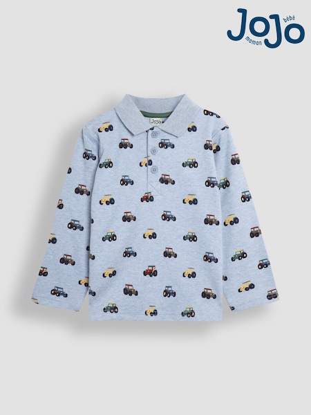 JoJo Maman Bébé Blue Tractor Long Sleeve Print Polo Shirt (B37042) | €30