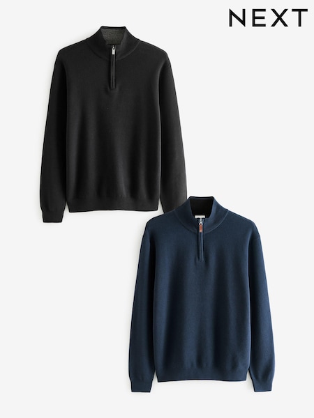 Negro/azul marino - Regular Fit 100% Cotton Premium Quarter Zip Jumpers 2 Pack (B37296) | 97 €
