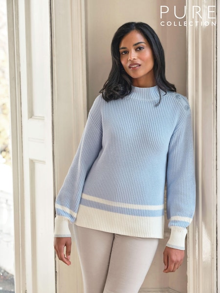 Pure Collection Blue 100% Cotton Button Shoulder Sweater (B37323) | €63
