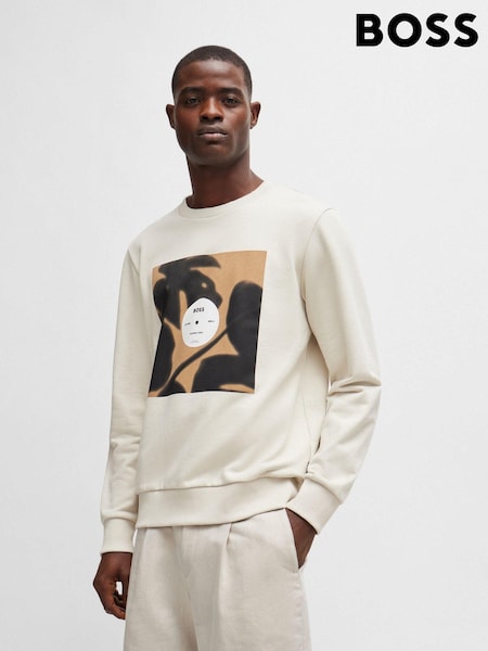 BOSS White 100% Cotton Terry Relaxed-Fit Sweatshirt With Seasonal Artwork (B37325) | €95