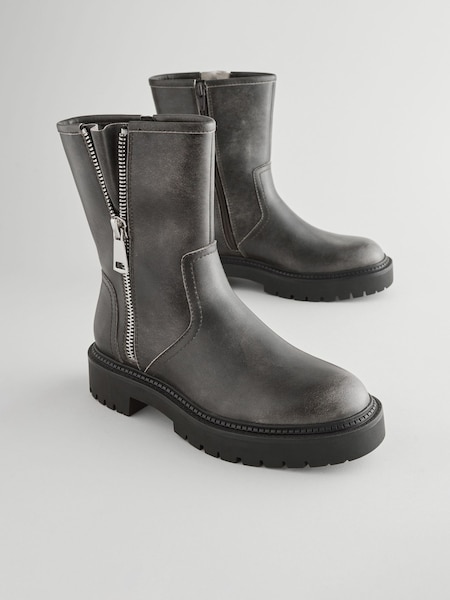 Grey Leather Forever Comfort® Ankle Zip Biker Boots (B37352) | €56