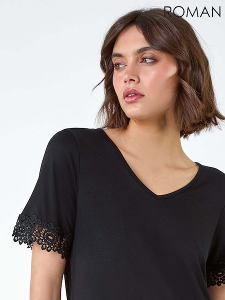 Roman Black Lace Trim Stretch Jersey Blouses (B37373) | €40