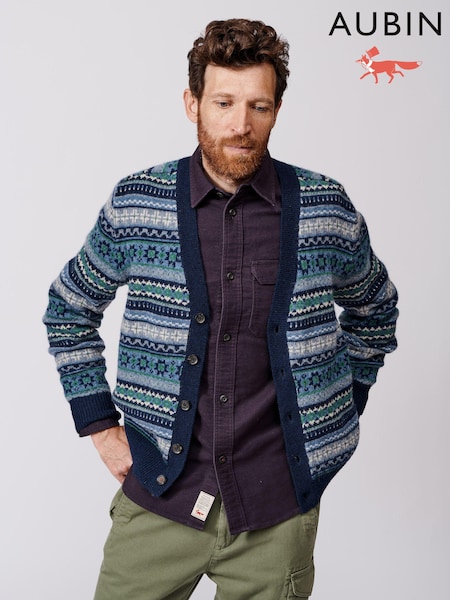 Aubin Blue Fair Isle Pattern Wool Cardigan (B37375) | €89