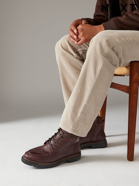 Brown Leather Apron Toe Zip Up Boots (B37419) | AED148