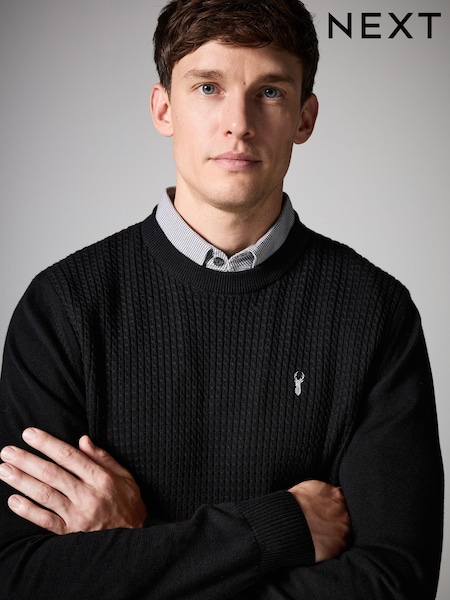 Black Mini Cable Crew Neck Regular Mock Shirt Jumper (B37480) | R$ 400