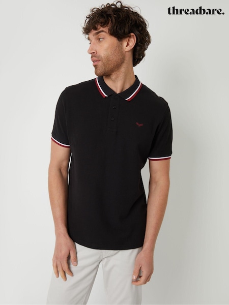 Negru - Cămașă polo din bumbac piqué, cu vârf Threadbare pește (B37606) | 83 LEI