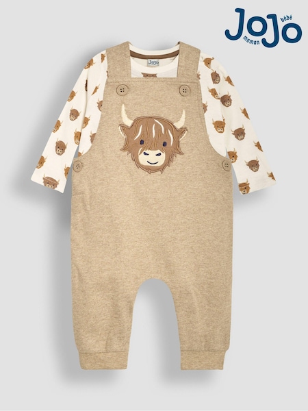 JoJo Maman Bébé Mocha Brown Highland Cow Appliqué Dungarees & Top Set (B37607) | AED157
