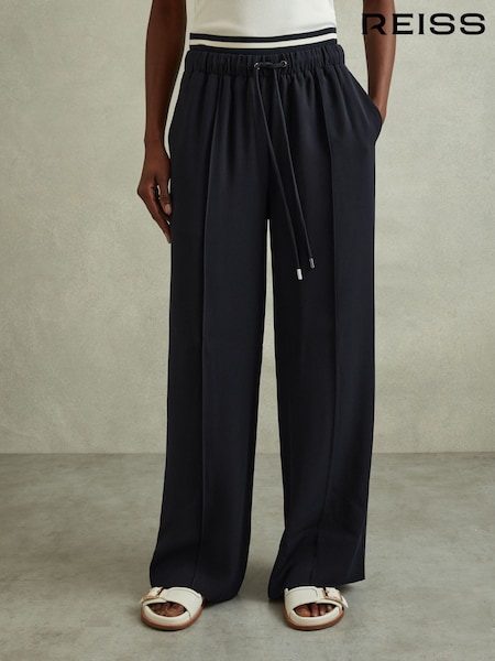 Reiss Navy Fleur Waistband Detail Wide Leg Trousers (B37662) | €95