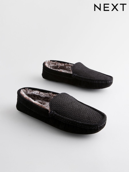 Black Suede Faux Fur Lined Moccasin Slippers (B37687) | €37
