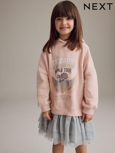 Pink Graphic 2-in-1 Long Sleeve Hooded Sweat Dress with Mesh Skirt (3-16yrs) (B37726) | €22 - €28