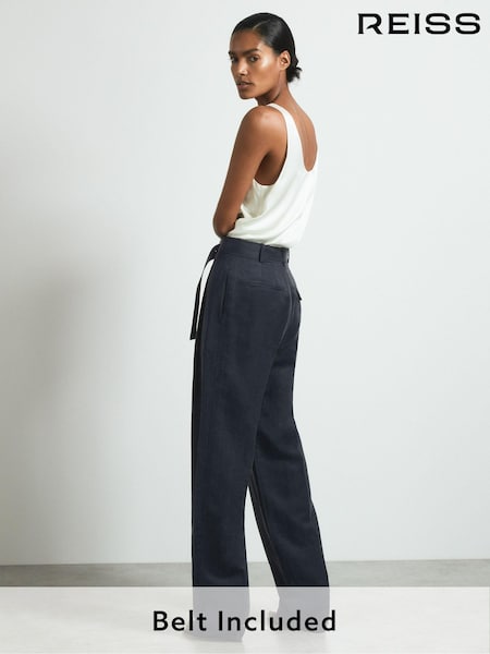 Reiss Navy Olivia Cupro Belted Suit Trousers (B37749) | €225