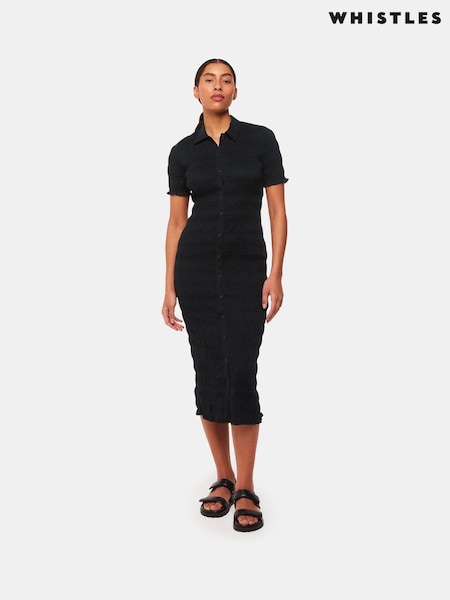 Whistles Black 100% Cotton Shirred Monique Midi Dress (B37765) | €89
