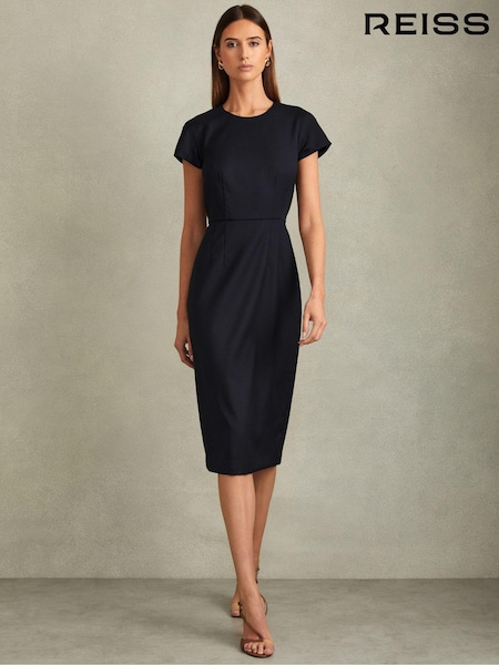 Reiss Navy Serena Textured Cap Sleeve Midi Dress (B37806) | €288
