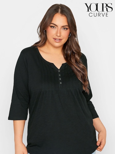 Yours Curve Black Pintuck Henley Top (B37861) | ₪111