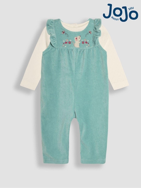 JoJo Maman Bébé Duck Egg Mouse Appliqué Velour Dungarees and Top Set (B37989) | $49