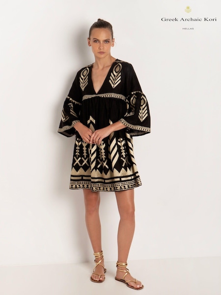 Greek Archaic Kori Black Embroidered 100% Linen Bell Sleeve Mini Dress (B38001) | €171