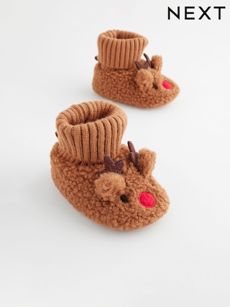 Brown Christmas Reindeer Sock Top Baby Boots (0-2mths) (B38162) | €9