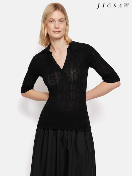 Jigsaw Black 100% Cotton Collar Knitted Top (B38248) | €84