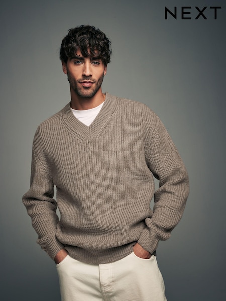 Neutral V-Neck Regular Fit Rib Texture Jumper with Wool (B38271) | 99 QAR