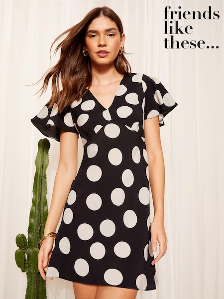 Friends Like These Black/White Flutter Sleeve Tie Back Mini Dress (B38311) | €51