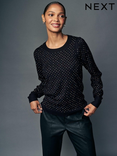 Black Sparkle Crew Neck Long Sleeve Pattern Knitted Jumper (B38342) | 91 QAR
