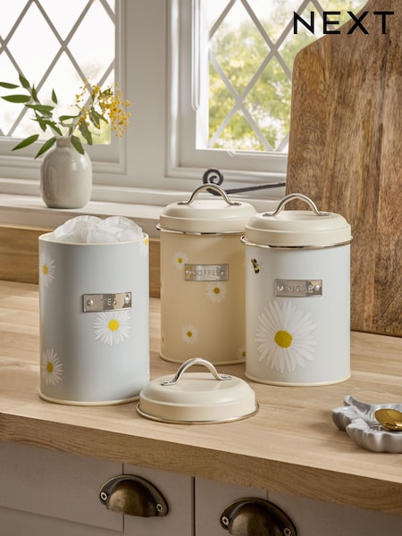 Set of 3 Grey Daisy and Bee Storage Tins (B38353) | $60
