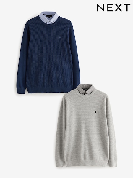 Navy Cable/Charcoal Gingham Mock 100% Cotton Shirt Jumper 2 Pack (B38472) | €92
