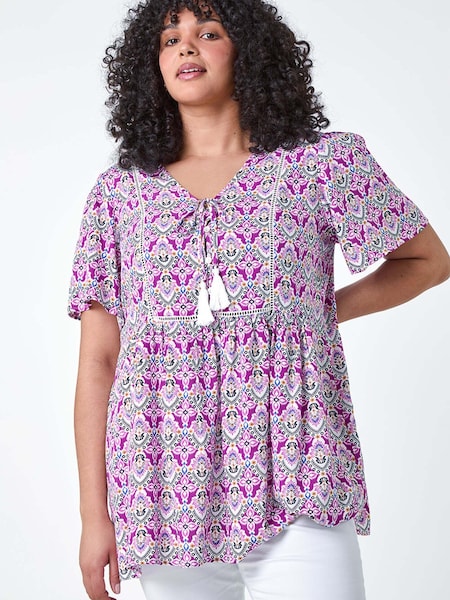 Roman Purple Tie Front Boho Printed Top (B38487) | €44