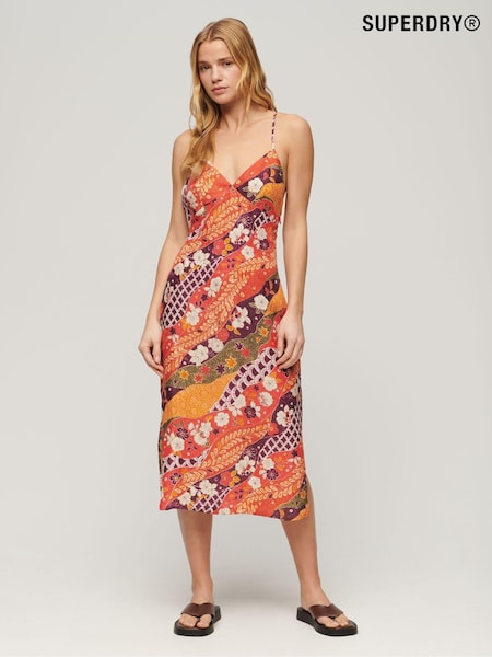 Superdry Red 100% Cotton Printed Midi Slip Cami Dress (B38551) | €47.50