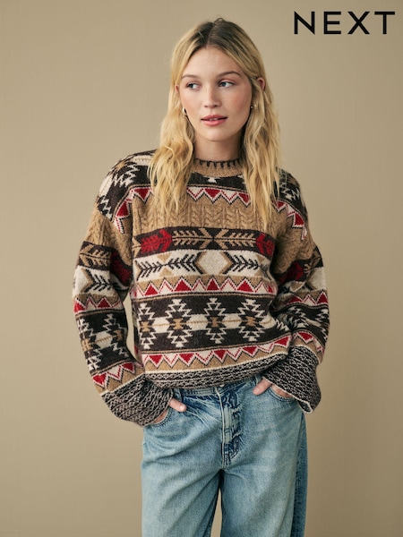 Neutral Aztec Pattern Relaxed Fit Soft Touch Knitted Jumper (B38589) | 150 QAR