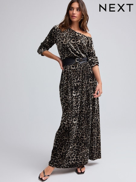 Leopard Animal Print Long Sleeve Velvet Maxi Dress (B38619) | AED121