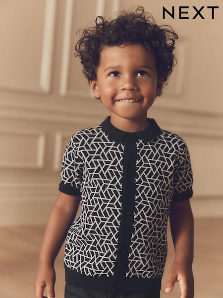 Black Geo Button Through Knitted Short Sleeve 100% Cotton Polo Shirt (3mths-7yrs) (B38662) | 494 UAH - 576 UAH