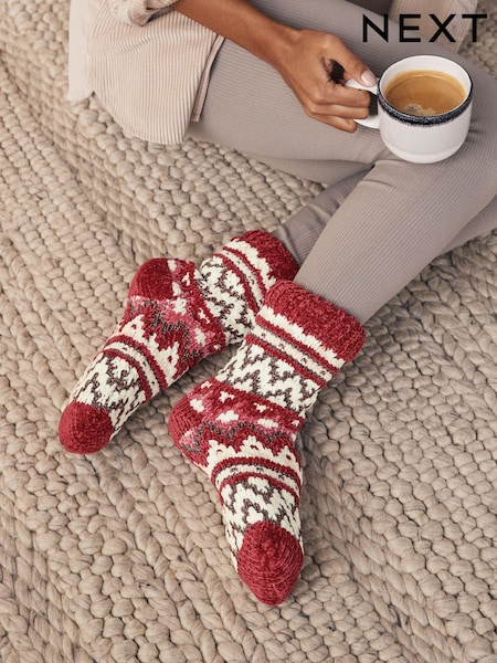 Rood met fairislemotief - 1 Paar grofgebreide pantoffelsokken (B38690) | € 16