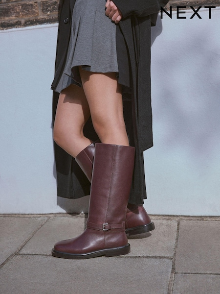 Burgundy Red Leather Forever Comfort® Buckle Detail Rider Boots (B38784) | AED251