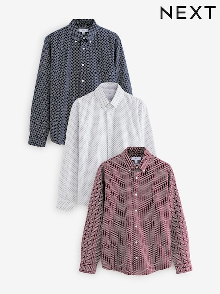 Burgundy/Navy Blue/White Printed 100% Cotton Long Sleeve Oxford Shirts 3 Pack (B38807) | €26