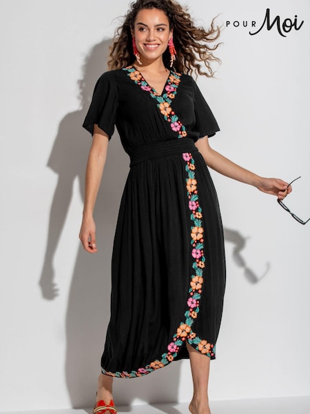 Pour Moi Black Viscose Crinkle Embroidered Beach Dress (B38922) | €64