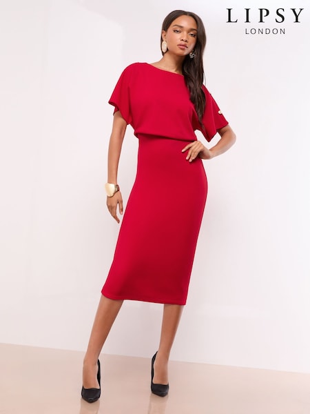 Rojo - Vestido midi ajustado de manga corta tipo blusón de Lipsy