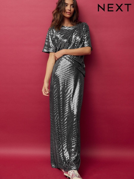 Silver Sequin Maxi Skirt (B39076) | AED79