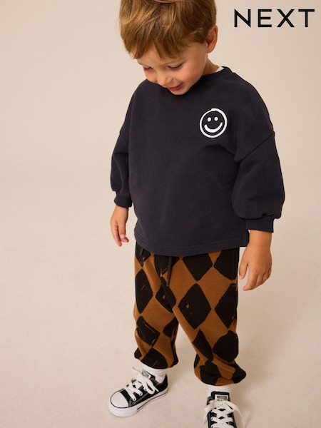 Black/Brown Harlequin 100% Cotton Sweatshirt and Patterned Joggers Set (3mths-7yrs) (B39097) | AED56 - AED71