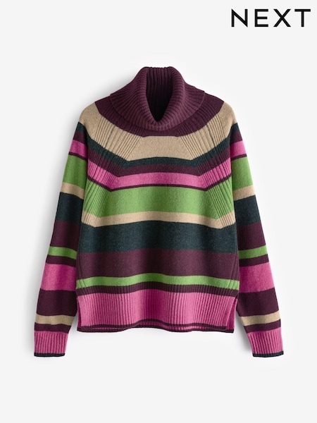 Multi Stripe 100% Wool Premium High Roll Neck Knitted Jumper (B39114) | AED191