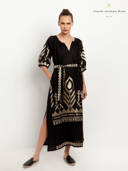 Greek Archaic Kori Black Embroidered 100% Linen Maxi Belted Dress (B39285) | €145