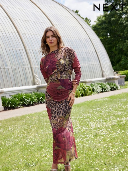 Red Floral Leopard Print Kew Collection Mesh Batwing Sleeve Maxi Dress (B39311) | AED141